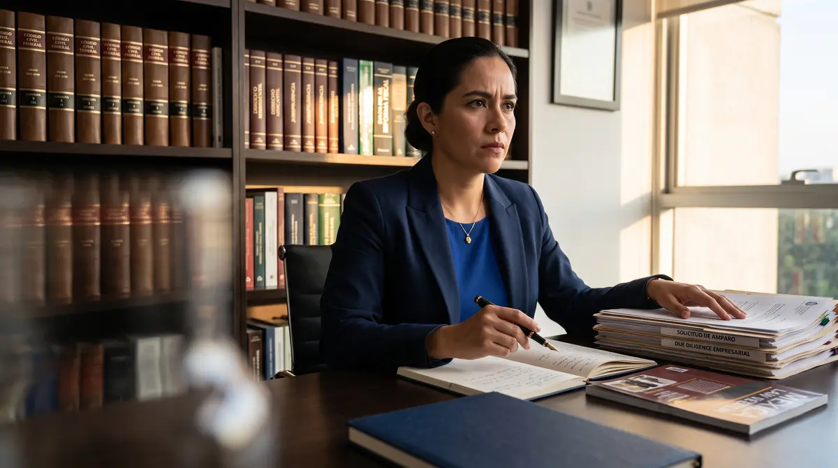 Abogada de saco azul marino tomando notas con pluma en un despacho jurídico con librero de tomos — cumplimiento fiscal ante el SAT en México