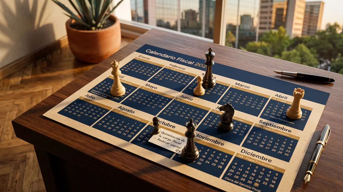 Composición conceptual: piezas de ajedrez (rey, dama, torre, caballo, peones) colocadas sobre un calendario — cumplimiento fiscal ante el SAT en México
