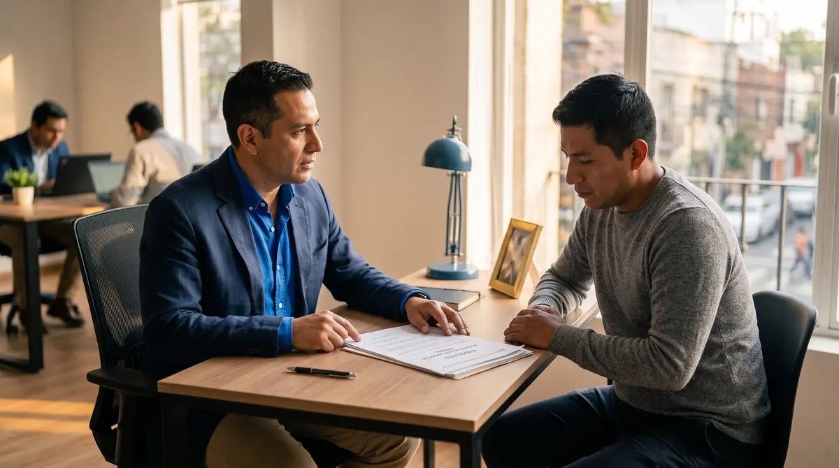 Asesor de saco azul marino revisa con un joven trabajador preocupado un documento rotulado 'Finiquito — cumplimiento laboral y nómina en México