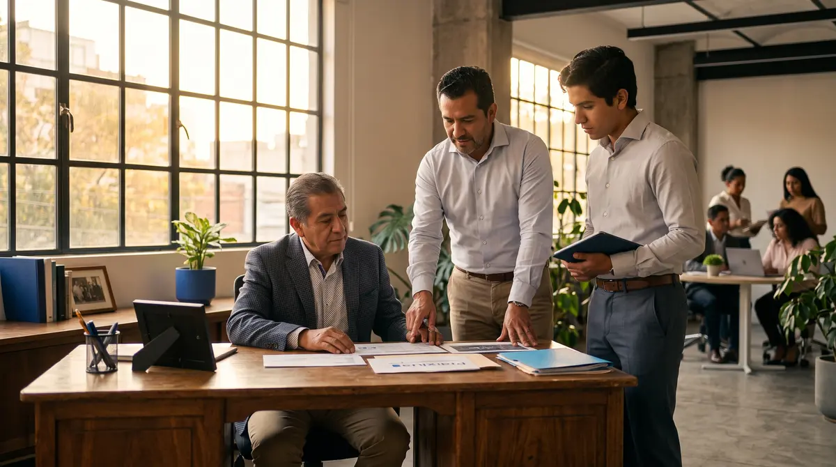 Oficina luminosa tipo loft: empresario mayor de saco sentado en escritorio de madera revisa documentos — finanzas empresariales en México