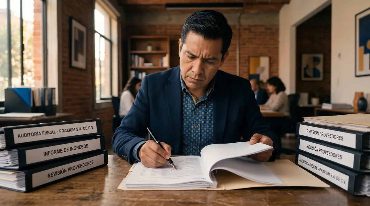 Contador con saco azul marino revisa con pluma un expediente abierto en escritorio de madera, flanqueado — cumplimiento fiscal ante el SAT en México