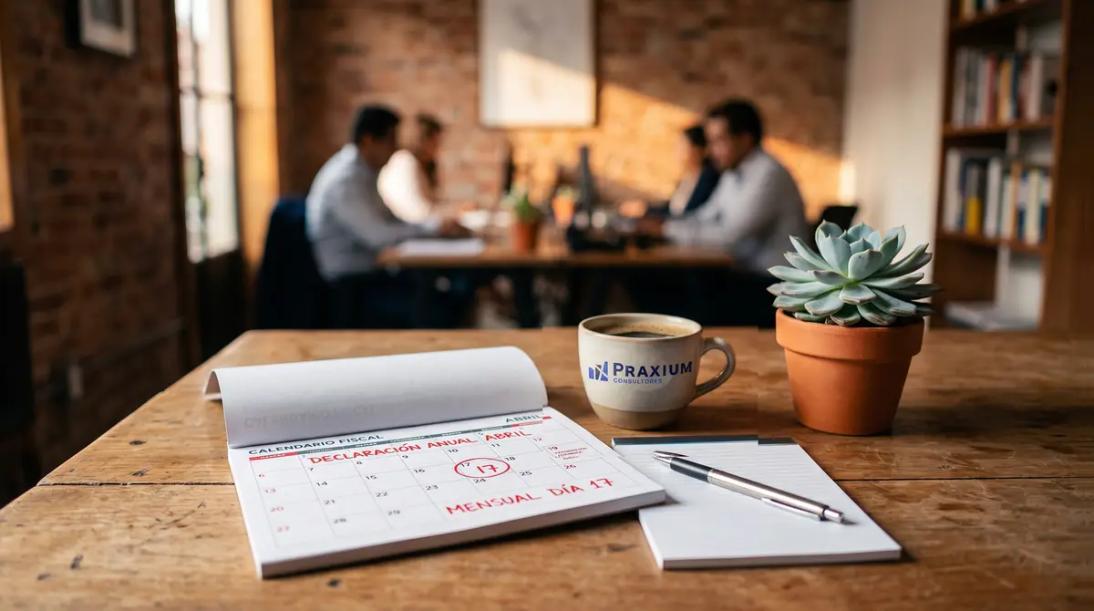 Calendario fiscal abierto en abril sobre mesa de madera, con 'Declaración Anual' escrito en rojo, el día 17 — cumplimiento fiscal ante el SAT en México