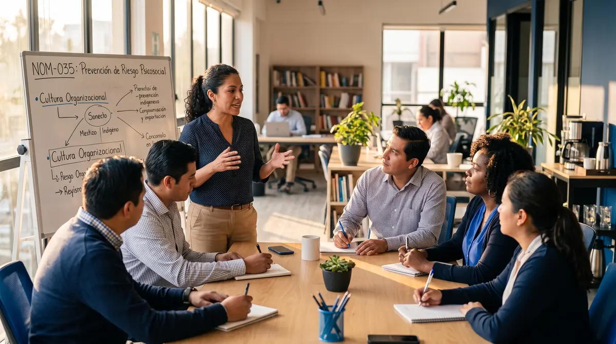 Facilitadora de pie explica ante un pizarrón blanco titulado 'NOM-035: Prevención de Riesgo Psicosocial — cumplimiento laboral y nómina en México