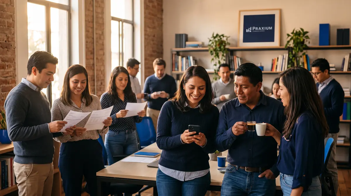 Ambiente relajado de oficina con ladrillo aparente: varios colaboradores revisan hojas impresas tipo recibo — cumplimiento laboral y nómina en México