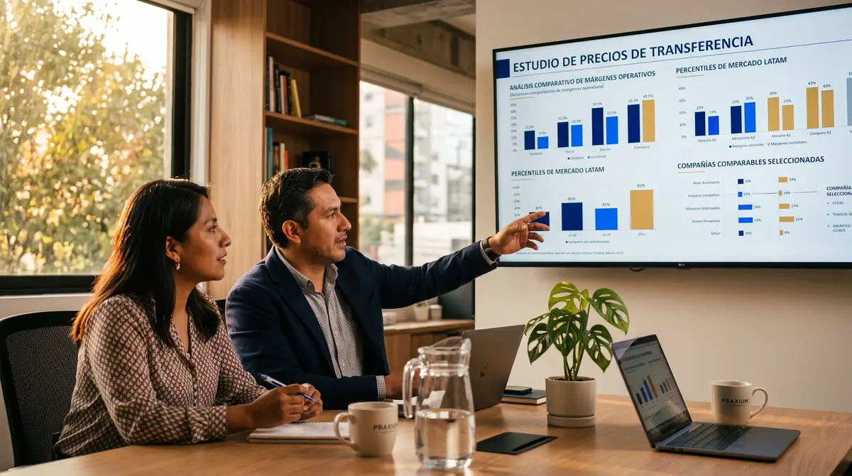 Consultor señala una pantalla de sala de juntas con la presentación 'Estudio de Precios de Transferencia — cumplimiento fiscal ante el SAT en México