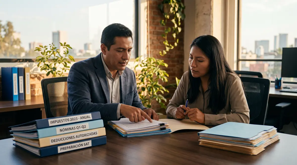 Contador señala un legajo de documentos mientras una clienta joven con pluma lo escucha en una oficina — cumplimiento fiscal ante el SAT en México