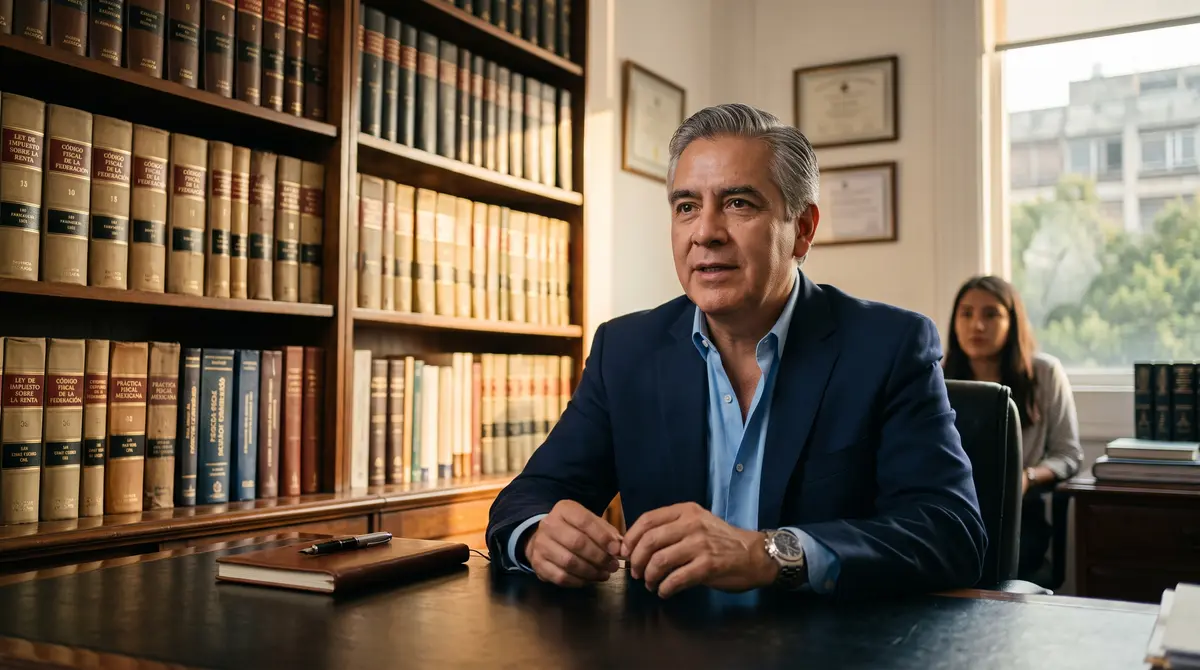 Contador senior de cabello canoso, saco azul marino y camisa azul, sentado en su despacho hablando de frente — impuestos de profesionistas independientes en México