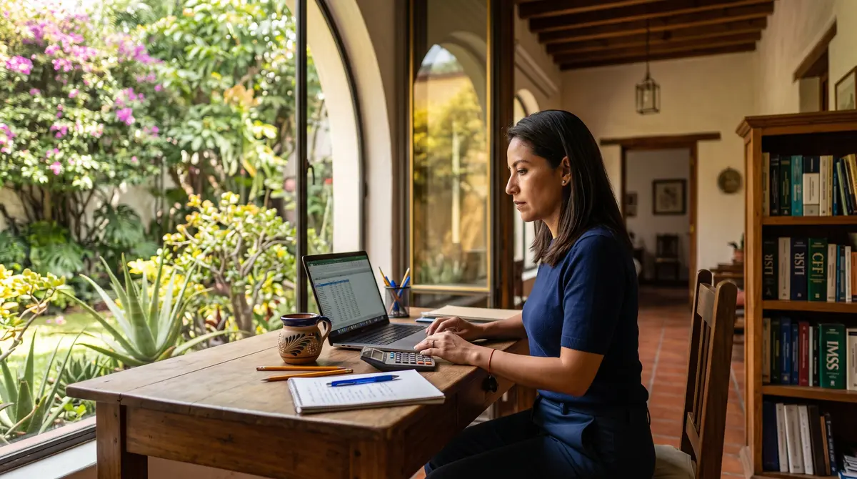 Mujer de blusa azul marino trabaja con laptop (hoja de cálculo) y calculadora en un escritorio de madera — impuestos de profesionistas independientes en México