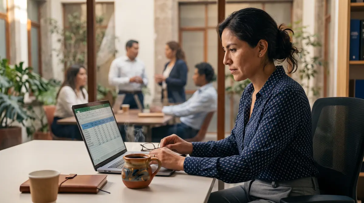 Mujer profesional trabaja concentrada en laptop con hoja de cálculo tipo Excel abierta; taza de barro — cumplimiento laboral y nómina en México