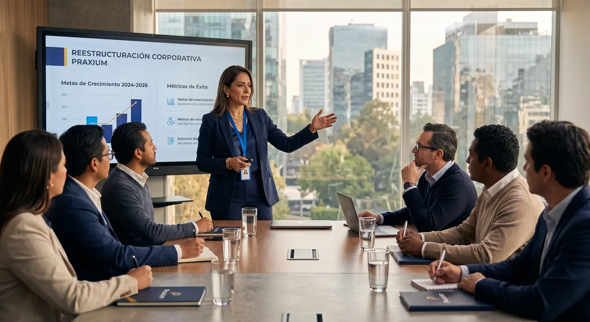 Directora con traje azul marino y gafete presenta a un consejo la lámina 'Reestructuración Corporativa — estructura corporativa de empresas en México