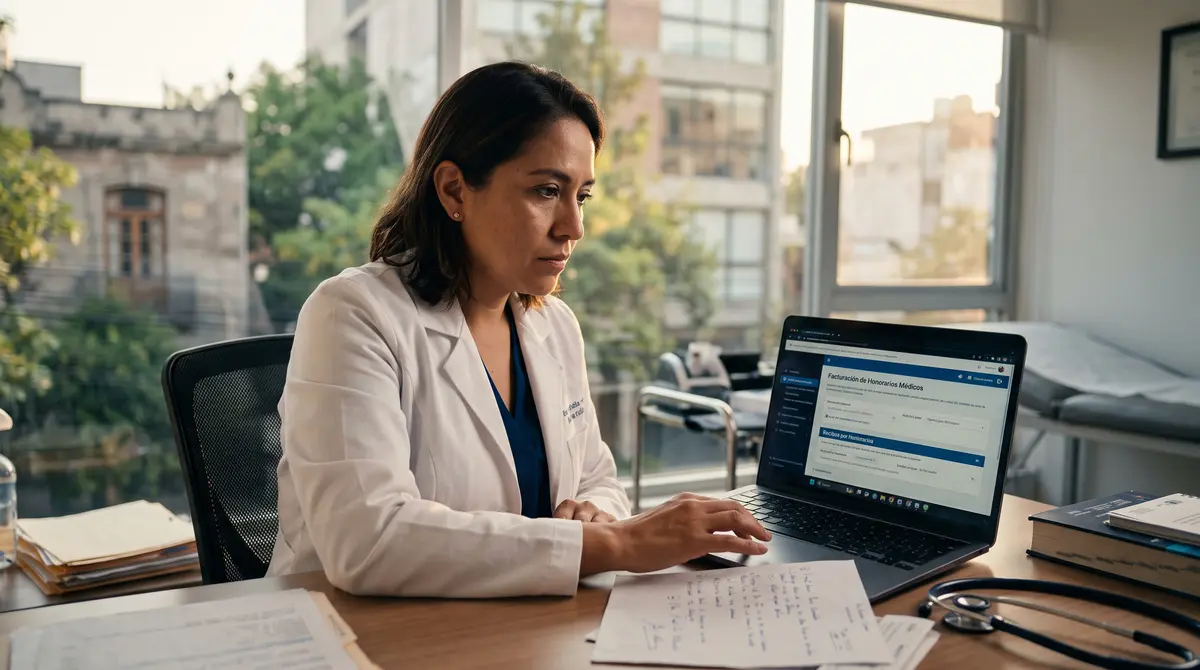 Doctora con bata blanca trabajando en la laptop de su consultorio — cumplimiento fiscal ante el SAT en México