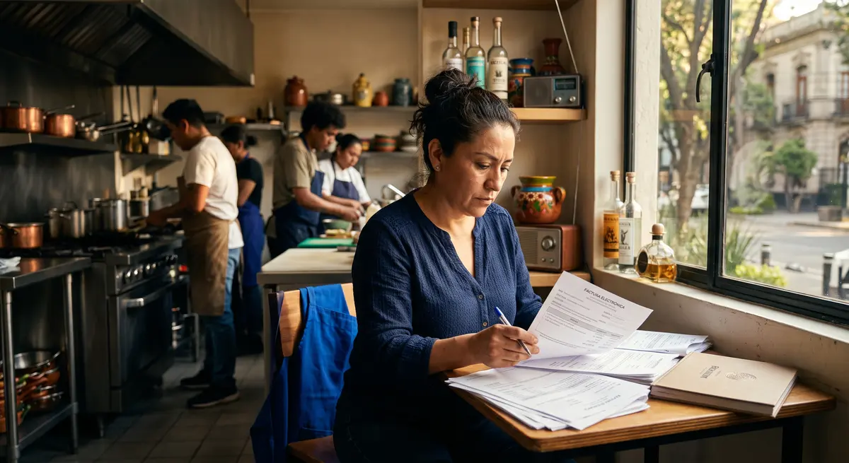 Dueña de restaurante sentada junto a la ventana revisando con pluma una pila de documentos encabezados — cumplimiento fiscal ante el SAT en México
