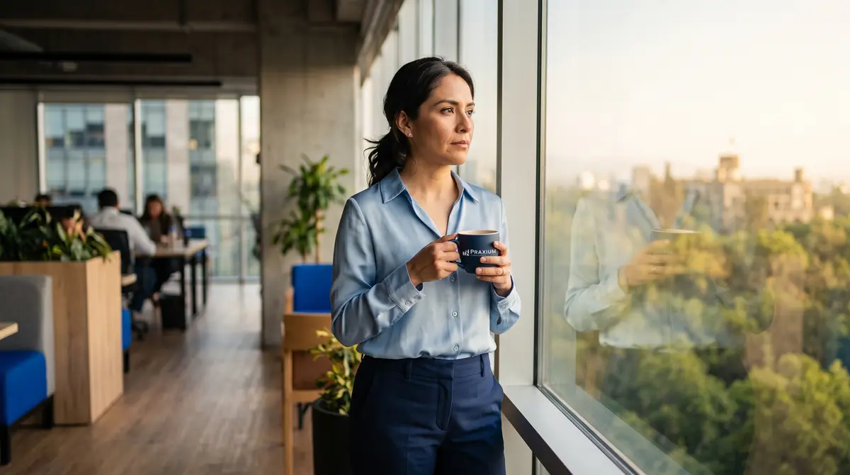 Ejecutiva de blusa azul claro y pantalón azul marino mira pensativa por un ventanal de oficina en piso alto — planeación fiscal estratégica en México
