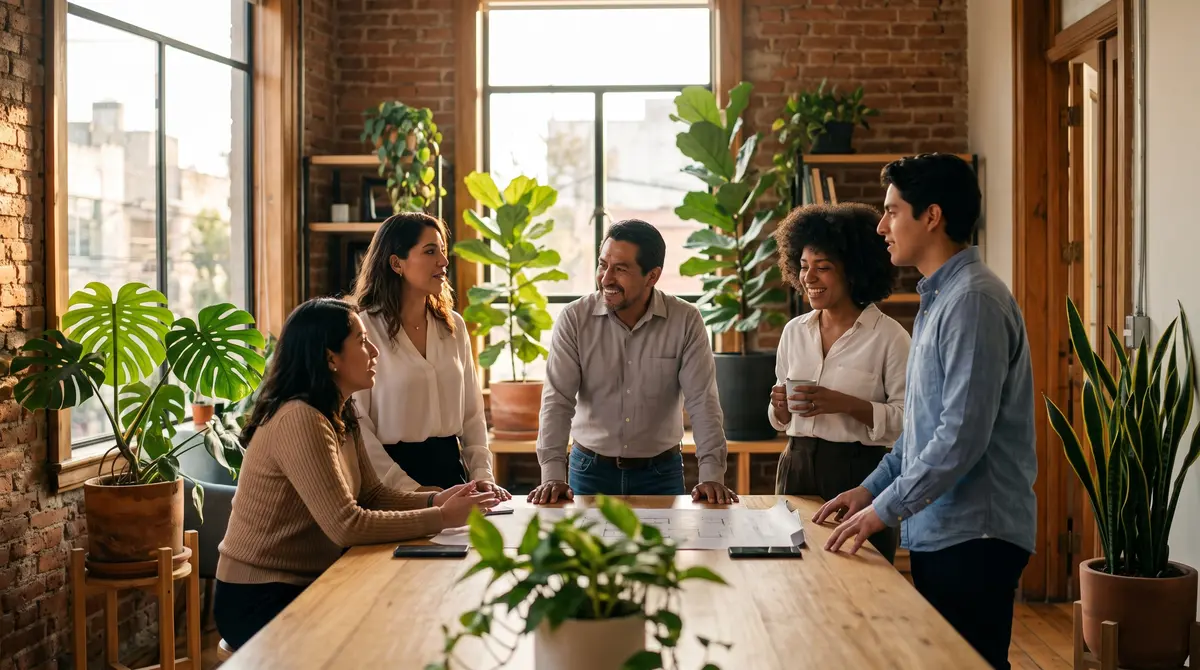 Cinco personas conversan sonrientes alrededor de una mesa de madera con planos extendidos, en oficina cálida — cumplimiento laboral y nómina en México