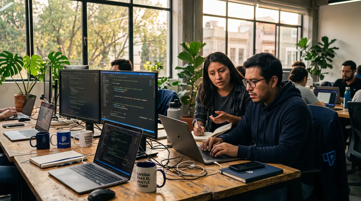 Equipo de startup programando en una oficina/coworking con grandes ventanales y plantas: un desarrollador — finanzas y estructura fiscal de startups en México