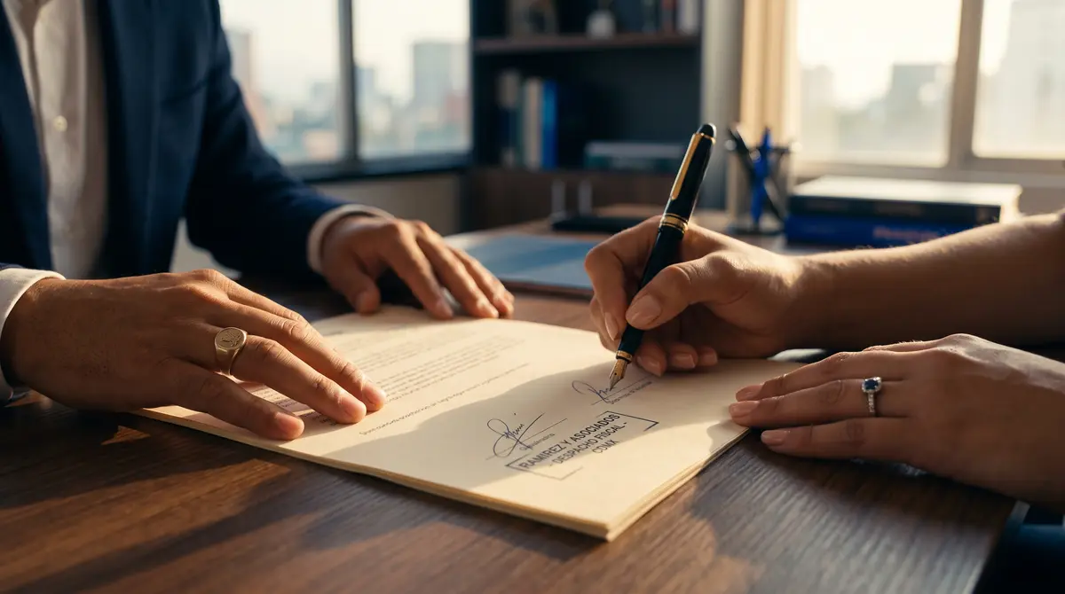 Primer plano de manos firmando un contrato con pluma fuente sobre un escritorio de madera: una mano femenina — cumplimiento fiscal ante el SAT en México