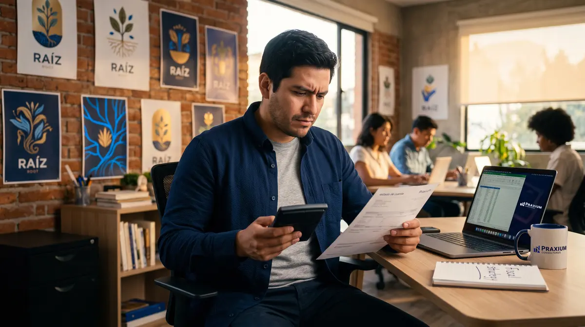 Fundador de startup con gesto preocupado revisa un estado de cuenta con calculadora en mano, en oficina — cumplimiento fiscal ante el SAT en México