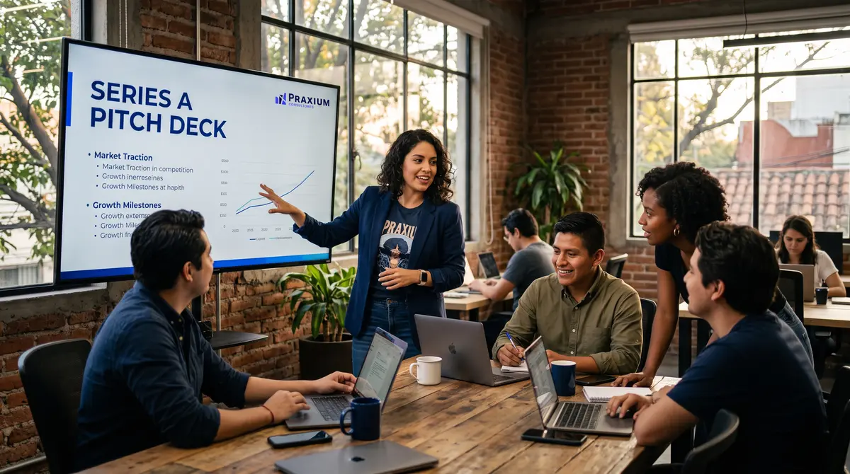 Fundadora joven con blazer azul presenta un 'Series A Pitch Deck' en pantalla (gráfica de crecimiento y logo — estructura corporativa de empresas en México