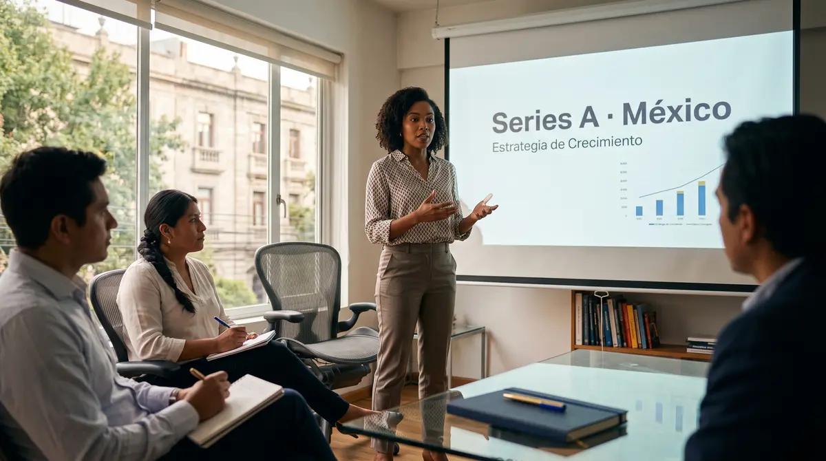 Mujer presentando de pie ante tres personas en una sala de juntas; la pantalla proyecta la diapositiva — finanzas y estructura fiscal de startups en México
