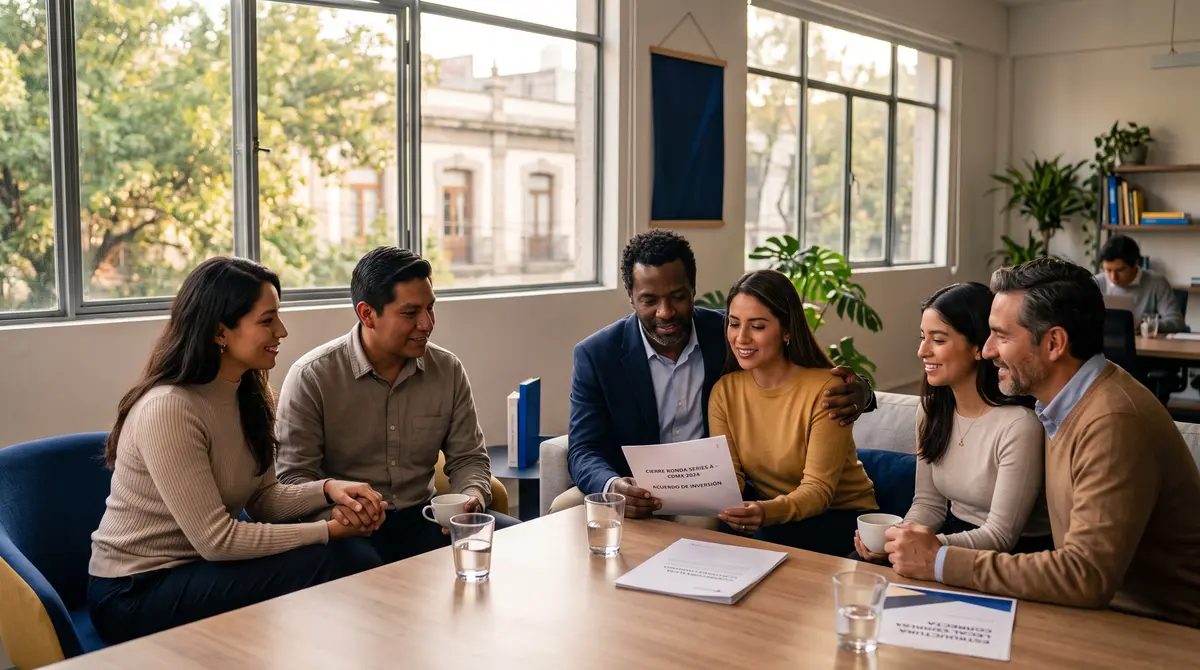 Grupo de seis socios y fundadores sonrientes reunidos en sillones alrededor de una mesa baja revisan — finanzas y estructura fiscal de startups en México