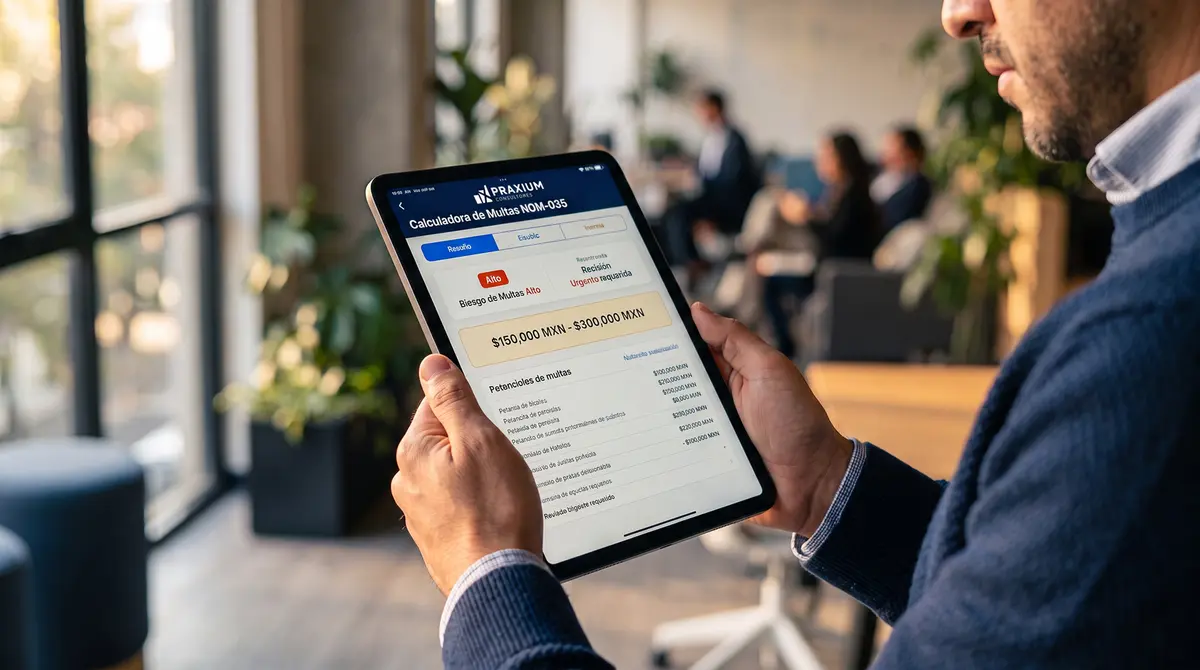 Hombre de perfil sostiene una tablet que muestra la 'Calculadora de Multas NOM-035' de Praxium con riesgo — herramienta fiscal gratuita de Praxium