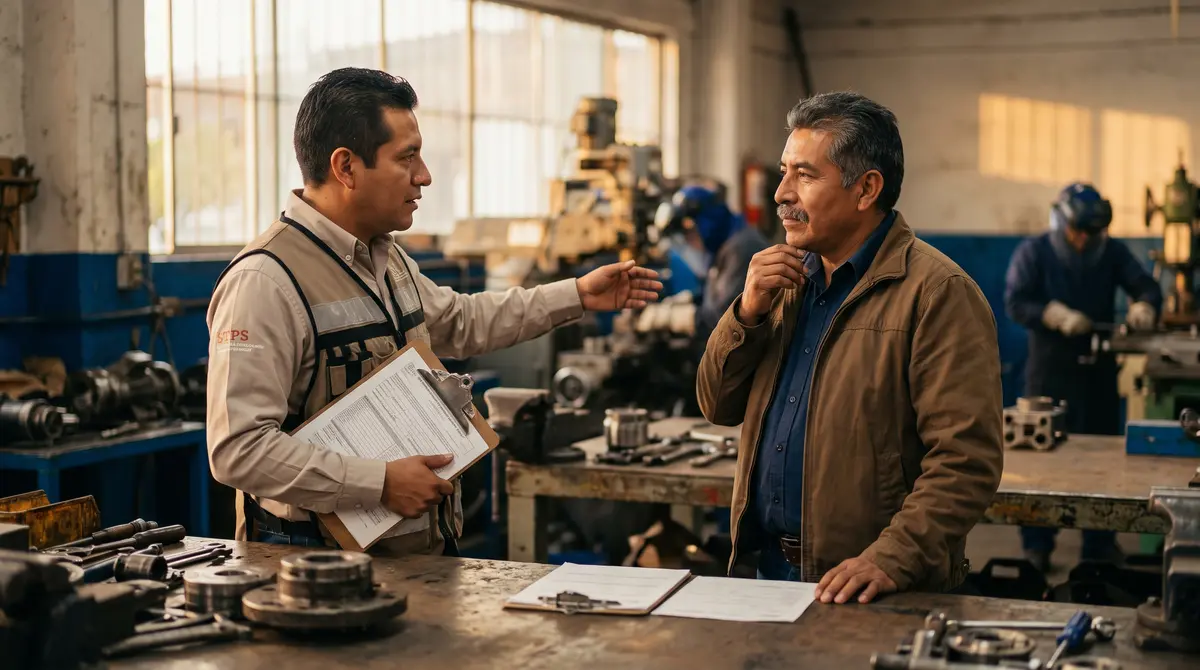 Inspector con chaleco beige y logotipo STPS sostiene una tabla con formatos y señala mientras conversa — cumplimiento laboral y nómina en México