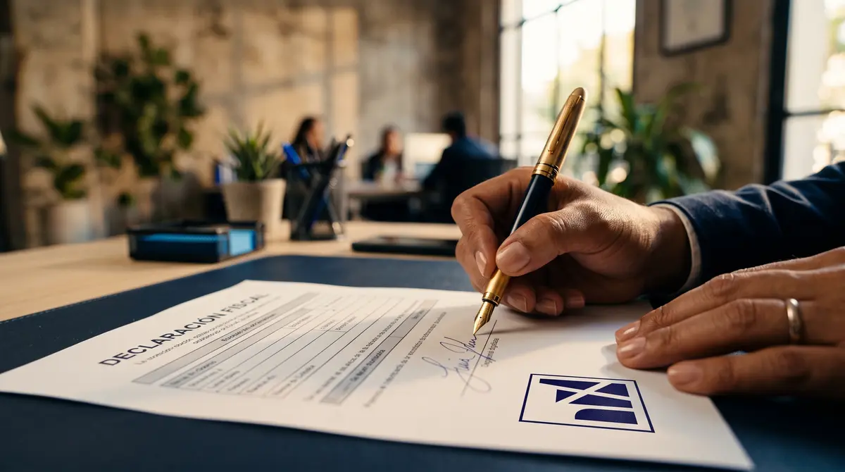 Primer plano de la mano de un hombre firmando con pluma fuente dorada un documento impreso titulado — cumplimiento fiscal ante el SAT en México