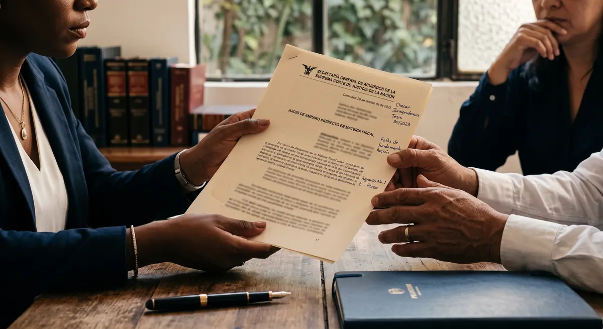 Primer plano de manos de dos personas (abogada de saco azul y cliente de camisa blanca) intercambiando — cumplimiento fiscal ante el SAT en México