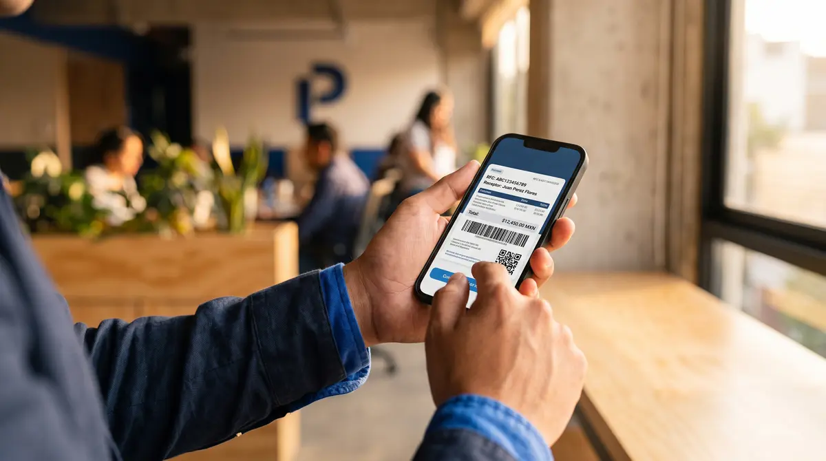 Primer plano de manos de hombre sosteniendo un smartphone que muestra una factura digital CFDI con RFC — cumplimiento fiscal ante el SAT en México
