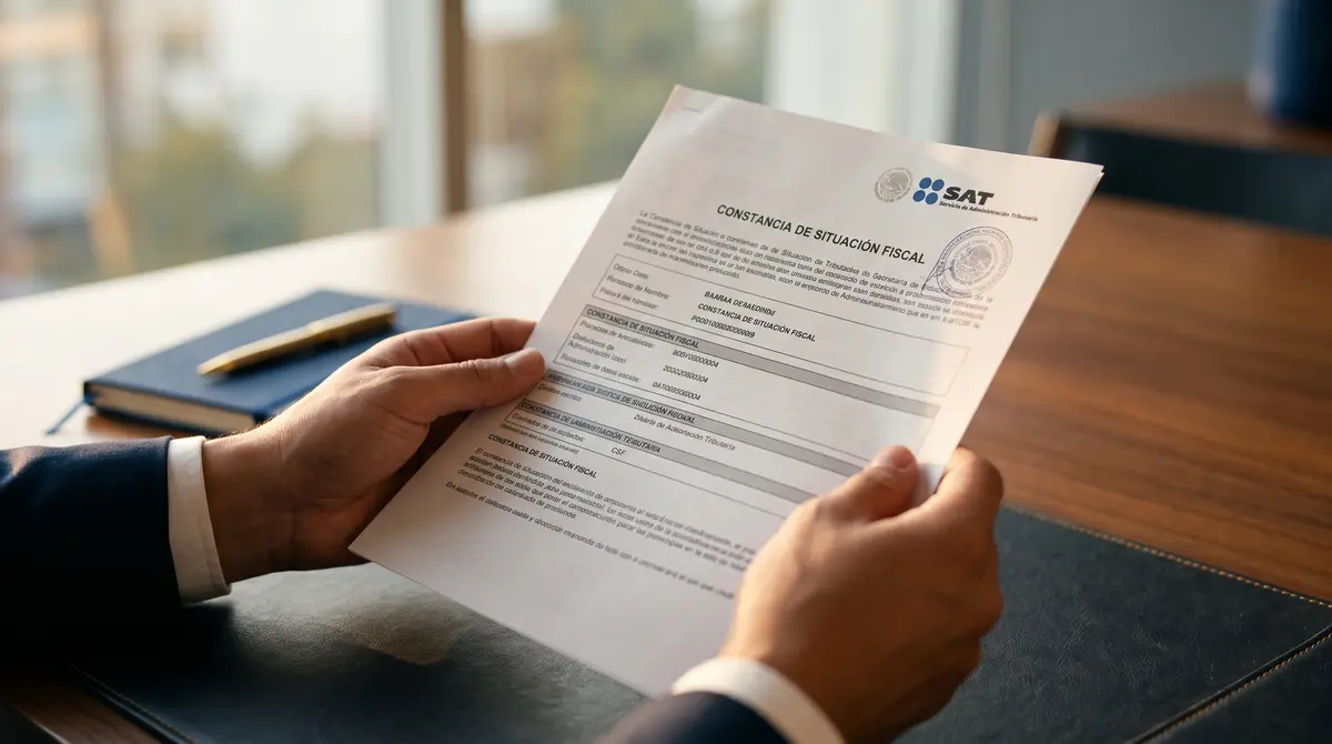Primer plano de las manos de un hombre de traje sosteniendo una Constancia de Situación Fiscal con logo — cumplimiento fiscal ante el SAT en México