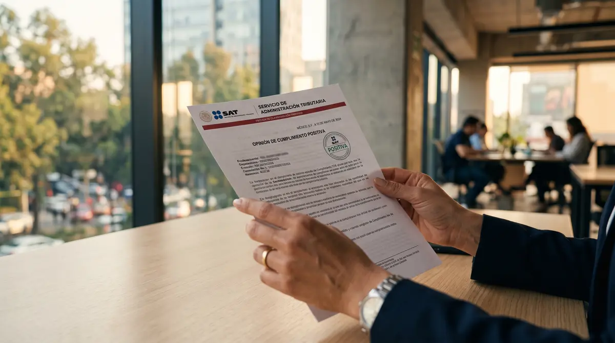 Primer plano de manos de una persona en saco azul sosteniendo un documento del SAT con encabezado 'Servicio — cumplimiento fiscal ante el SAT en México