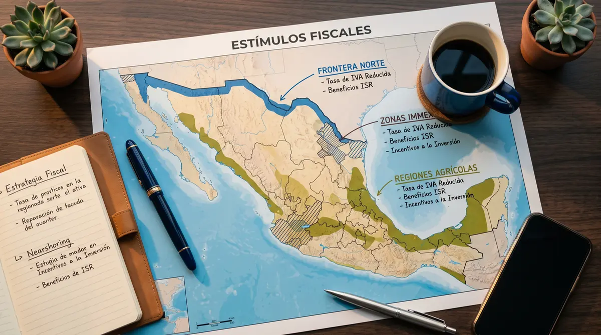 Toma cenital de un mapa de México titulado 'Estímulos Fiscales' con zonas anotadas (Frontera Norte, zonas — planeación fiscal estratégica en México