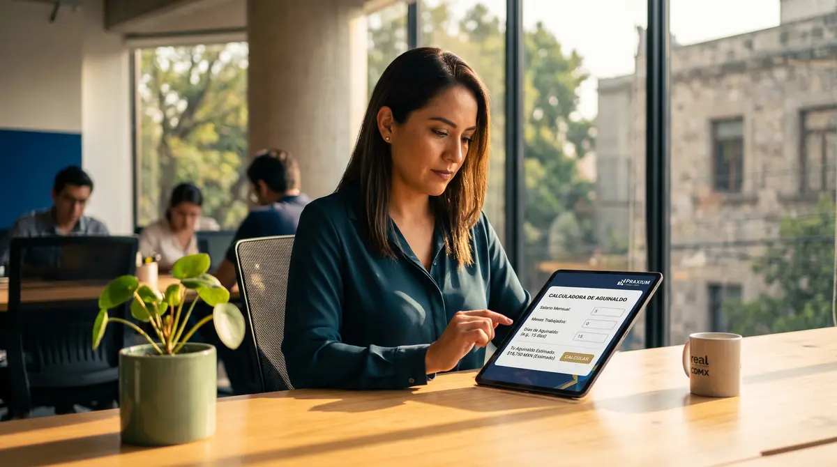 Mujer profesional en oficina de coworking con ventanales usa una tablet apoyada en el escritorio que muestra — herramienta fiscal gratuita de Praxium