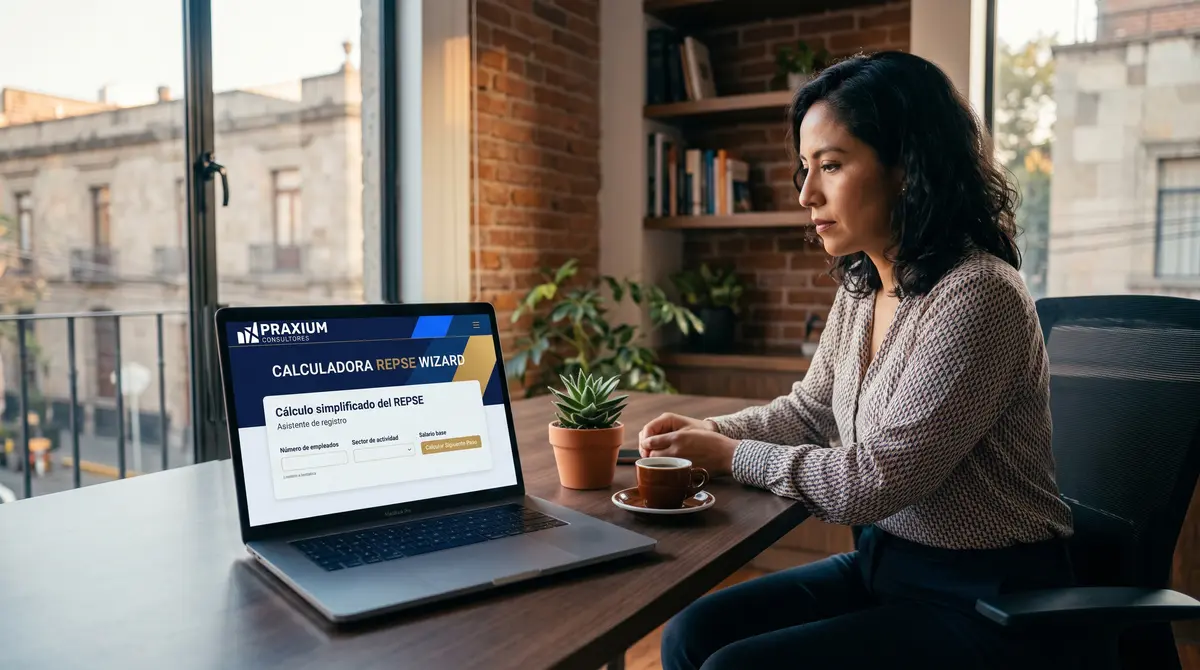 Mujer profesional sentada frente a una laptop en oficina con pared de ladrillo y vista urbana; la pantalla — herramienta fiscal gratuita de Praxium