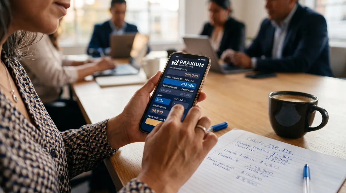 Primer plano de una mujer en junta de trabajo sosteniendo un smartphone con la app de Praxium mostrando — impuestos de profesionistas independientes en México