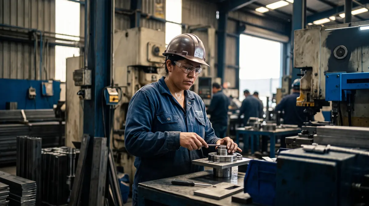 Trabajadora con casco y lentes de seguridad ensambla una pieza metálica en banco de trabajo dentro — cumplimiento laboral y nómina en México