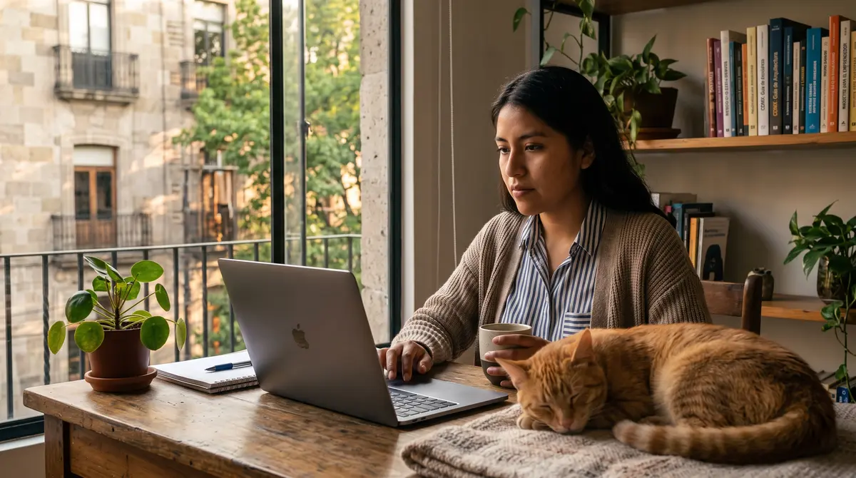 Profesionista joven trabajando desde casa en una MacBook sobre mesa de madera, con taza de café en mano — cumplimiento fiscal ante el SAT en México