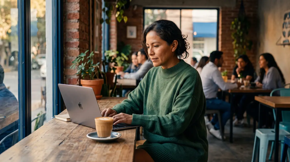 Mujer de suéter verde trabaja en una MacBook en la barra de madera de una cafetería de ladrillo con plantas — impuestos de profesionistas independientes en México
