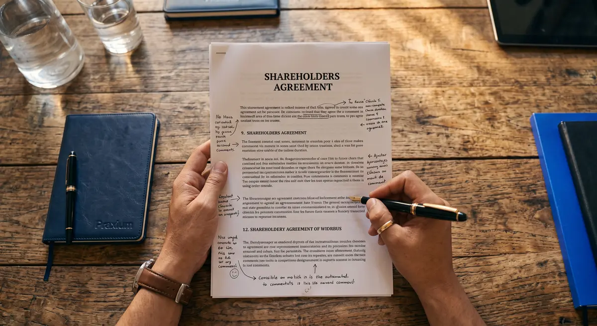Vista cenital de unas manos que sostienen y anotan con pluma fuente un 'Shareholders Agreement' lleno — finanzas y estructura fiscal de startups en México