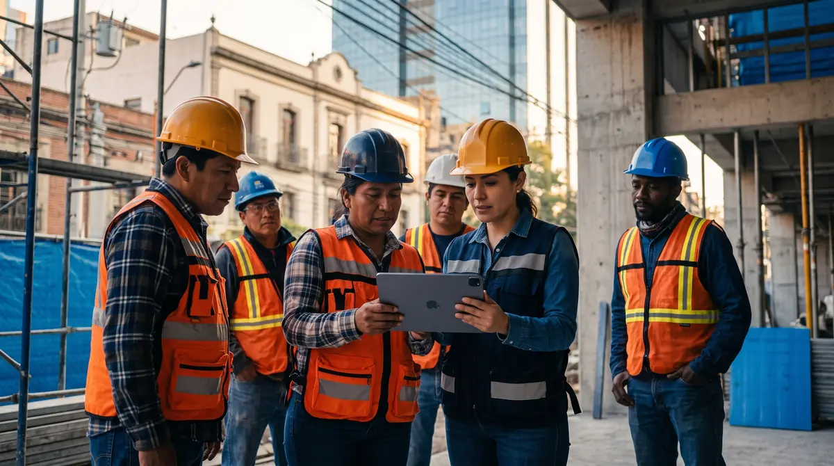 Cuadrilla de seis trabajadores de construcción con cascos y chalecos naranjas de alta visibilidad revisa — cumplimiento laboral y nómina en México