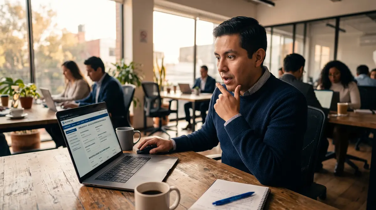 Hombre joven con suéter azul en un coworking mira sorprendido su laptop, que muestra un simulador SAT — herramienta fiscal gratuita de Praxium