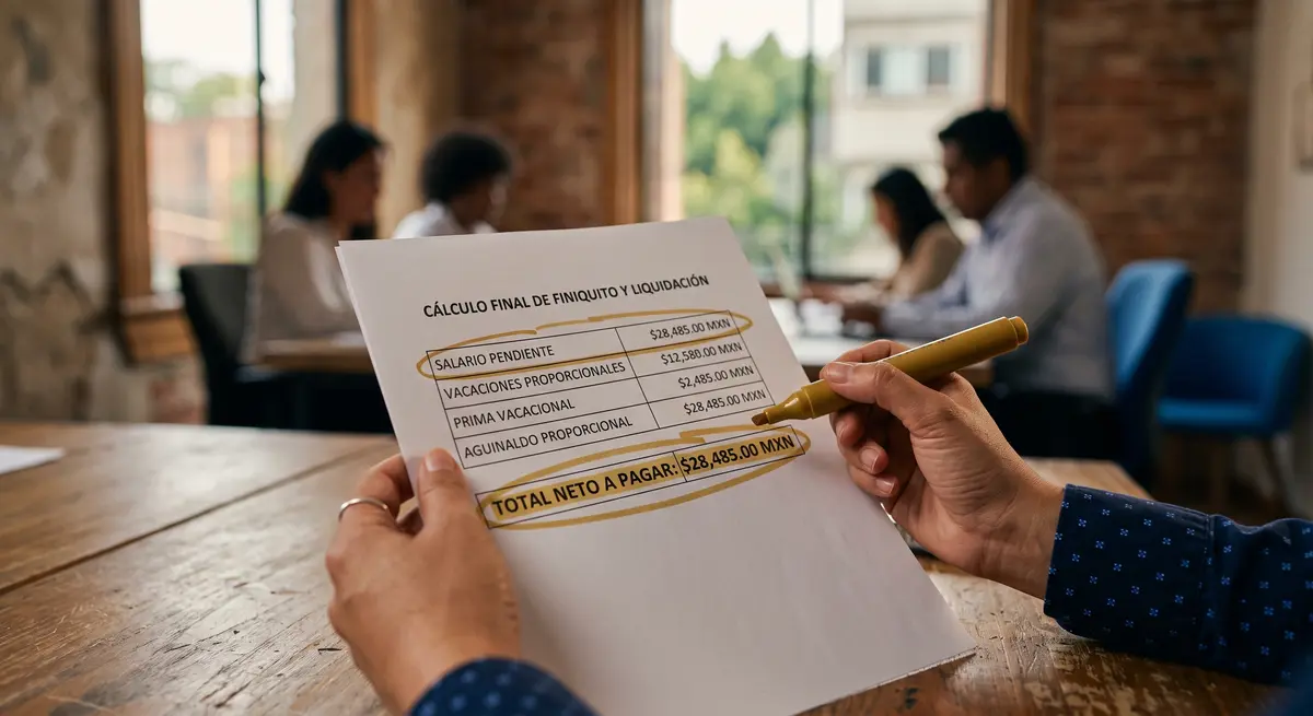 Manos de una persona sosteniendo una hoja impresa titulada 'Cálculo final de finiquito y liquidación — herramienta fiscal gratuita de Praxium