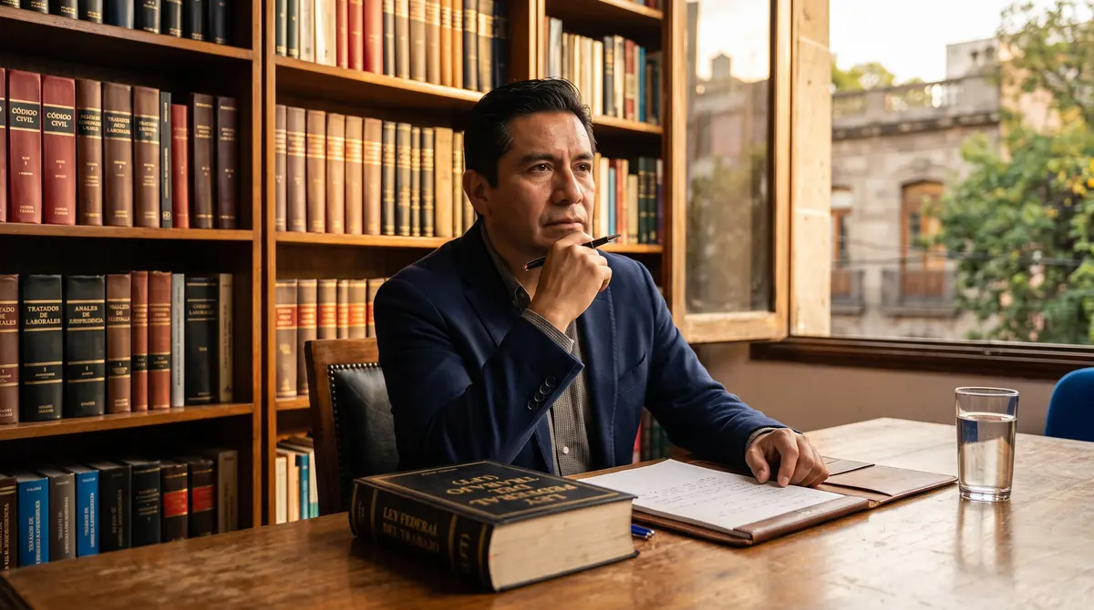 Abogado laboral consultando la Ley Federal del Trabajo en una biblioteca para determinar los días de vacaciones que corresponden por antigüedad en 2026 y la prima vacacional