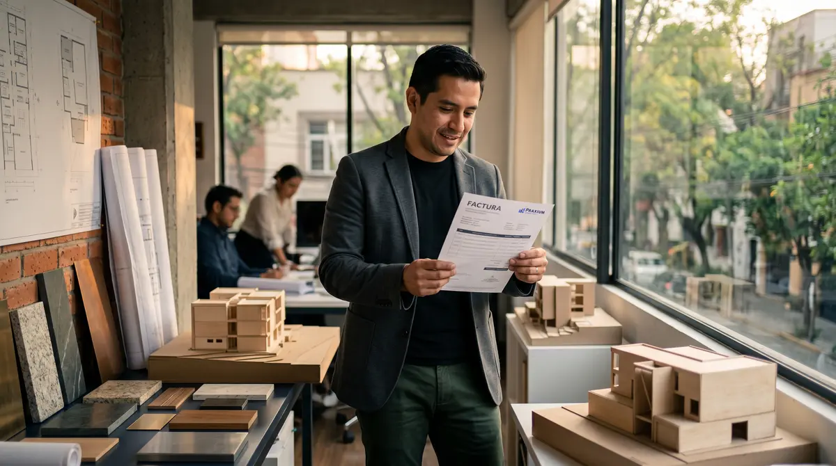 Arquitecto revisando una factura en su estudio rodeado de maquetas — cómo facturar anticipos y avance de obra como arquitecto o ingeniero independiente