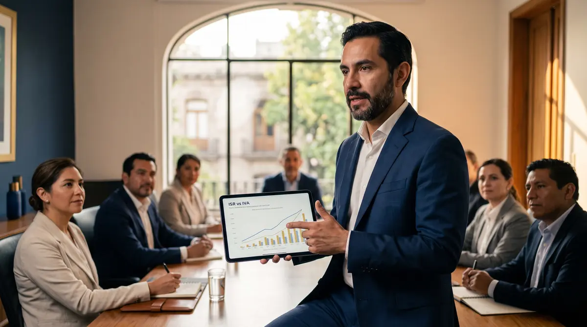 Consultor presentando en una tablet una gráfica comparativa de actividades gravadas y exentas de IVA durante una junta — artículo 15 de la Ley del IVA