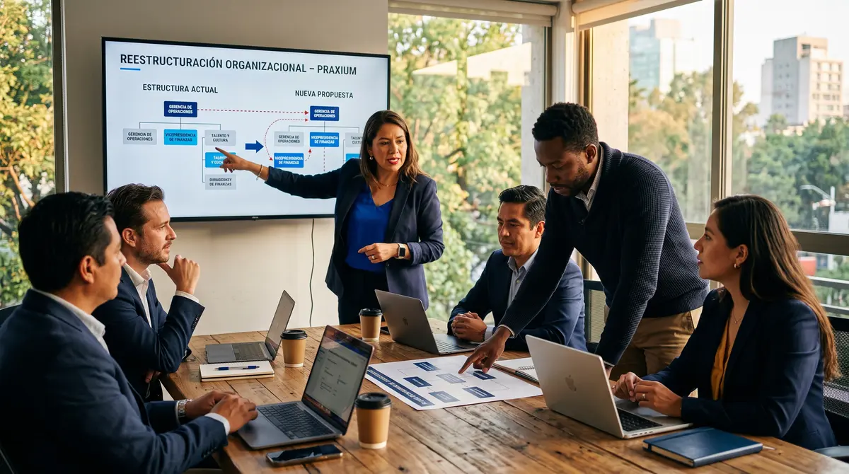 Consultora presentando una reestructuración en organigrama sobre pantalla al equipo directivo — consultoría empresarial para empresas de Guadalajara