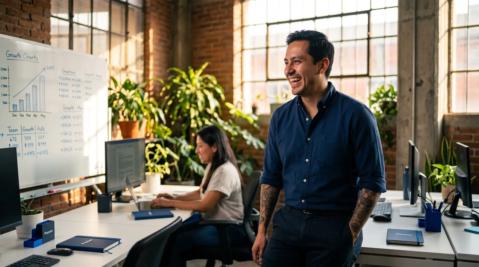 Emprendedor revisando gráficas de crecimiento en una oficina tipo loft con su equipo al fondo — cuánto cuesta registrar una marca en el IMPI y qué obligaciones trae el registro