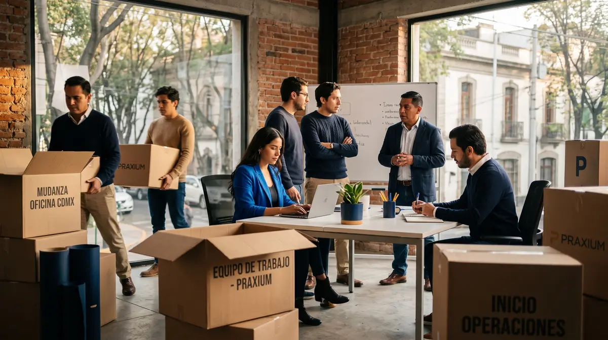 Equipo cargando cajas en una oficina nueva durante una mudanza empresarial en la Ciudad de México — obligación de avisar al SAT el cambio de domicilio fiscal