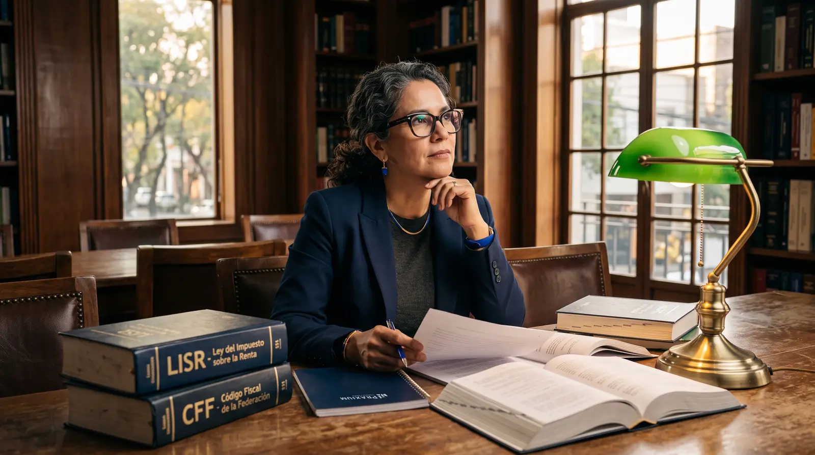 Fiscalista consultando la LISR y el Código Fiscal de la Federación en una biblioteca para definir términos fiscales — glosario fiscal de México