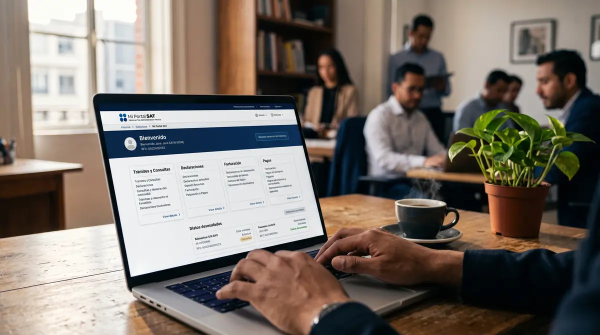 Manos navegando Mi portal del SAT en una laptop para presentar declaraciones — cómo presentar una declaración complementaria y corregir un pago ya hecho